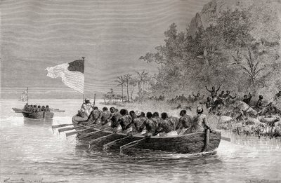 Dr. David Livingstone en el primer bote, con la bandera inglesa, y Henry Morton Stanley en el segundo bote, con la bandera americana, durante su expedición en África en 1872, ilustración de 